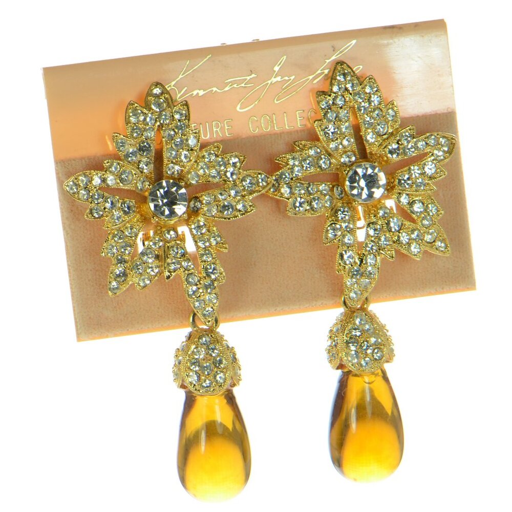 Vintage Kenneth Jay Lane KJL Goldtone Crystal Clip Earrings - Picture 9 of 9